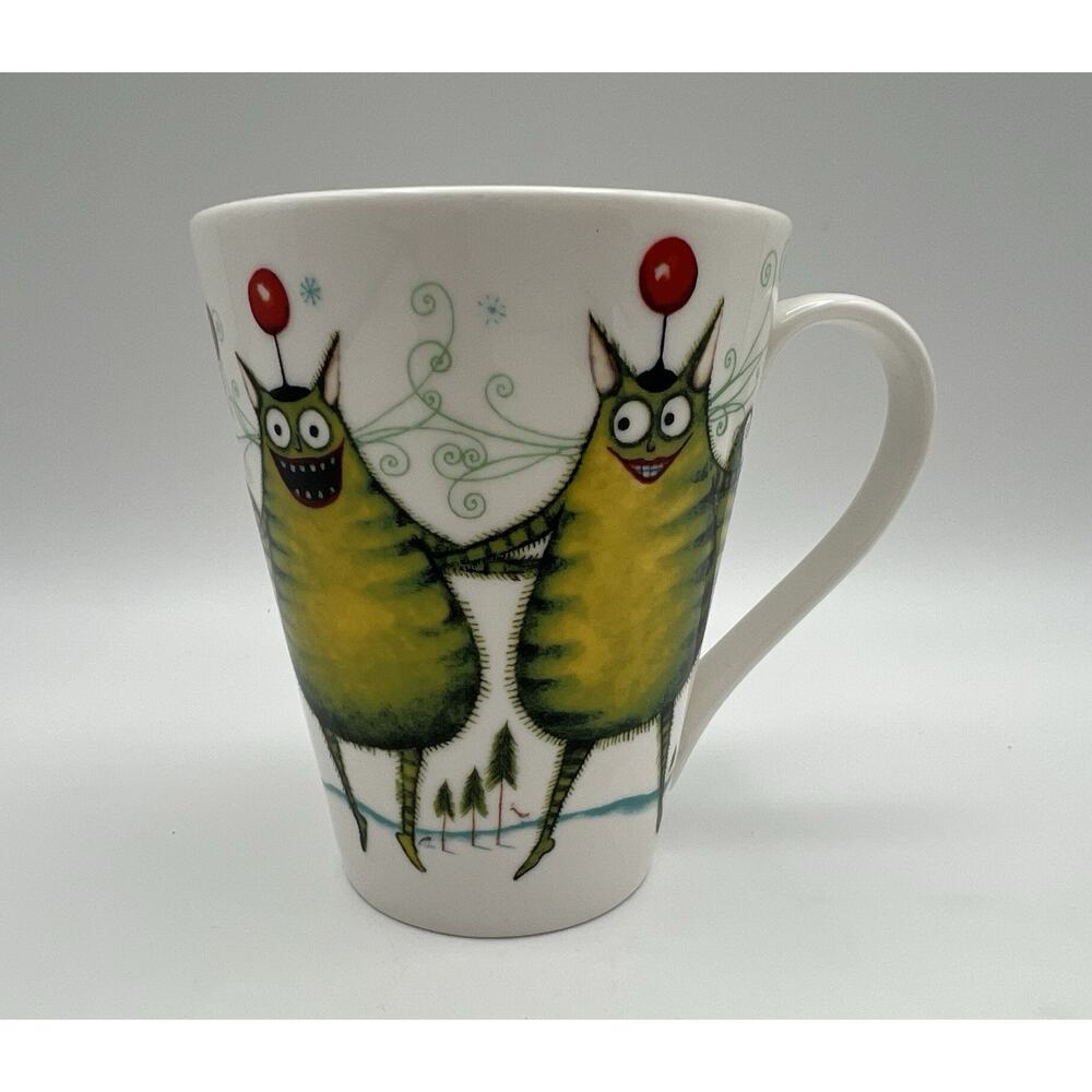 Royal Worcester CLARE MACKIE Red & Green Christmas Cats Coffee Mug 12oz 2005